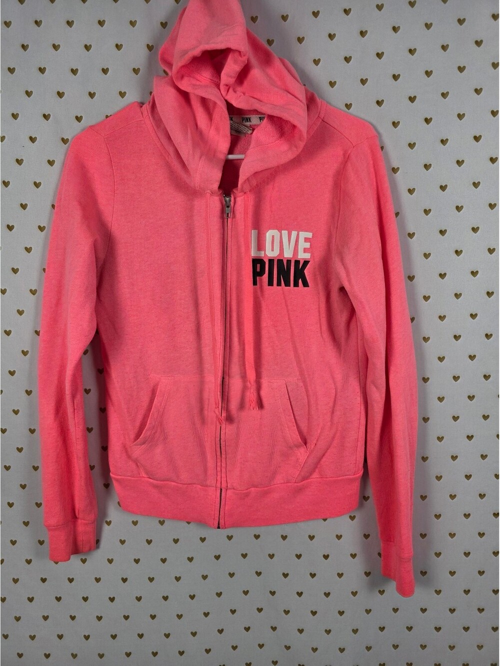Victorias Secret Pink Full Zip Hoodie Sweater Logo Neon XS Oversized